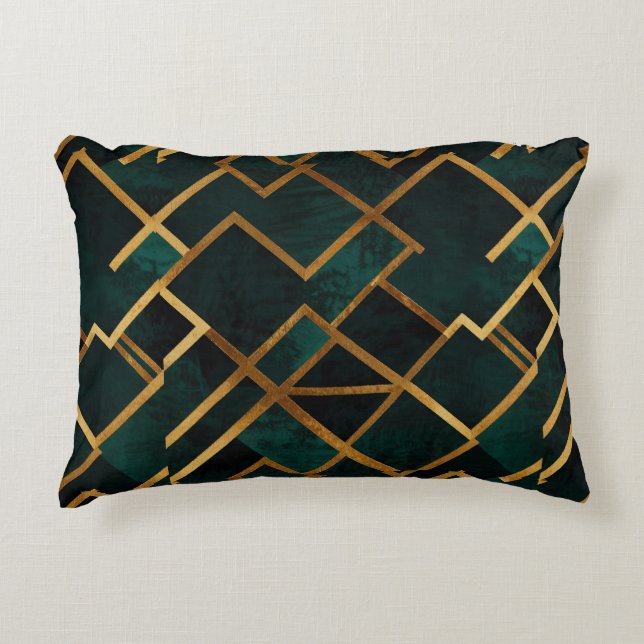 Luxurious Geometric Gold and Emerald Accent Pillow (Front)