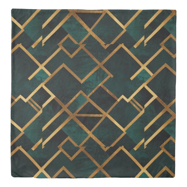 Luxurious Geometric Gold and Emerald Duvet Cover (Front)