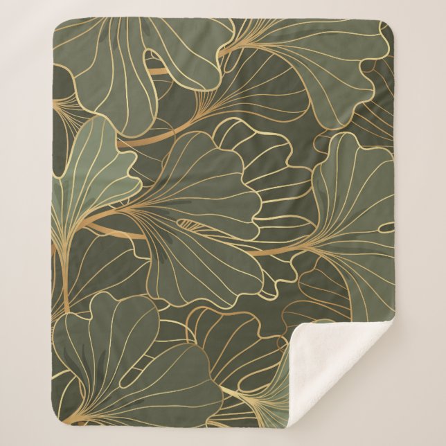 Luxurious Ginkgo Gold Line Art Sherpa Blanket (Front)