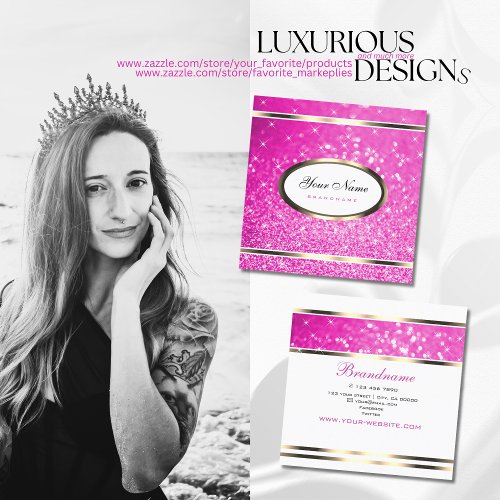 Luxurious Girly Pink Glitter Sparkling Stars Smart Square Business Card