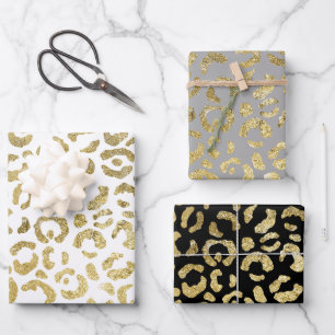 Luxurious Glam Gold Gray Leopard Print Set of 3 Wrapping Paper Sheets