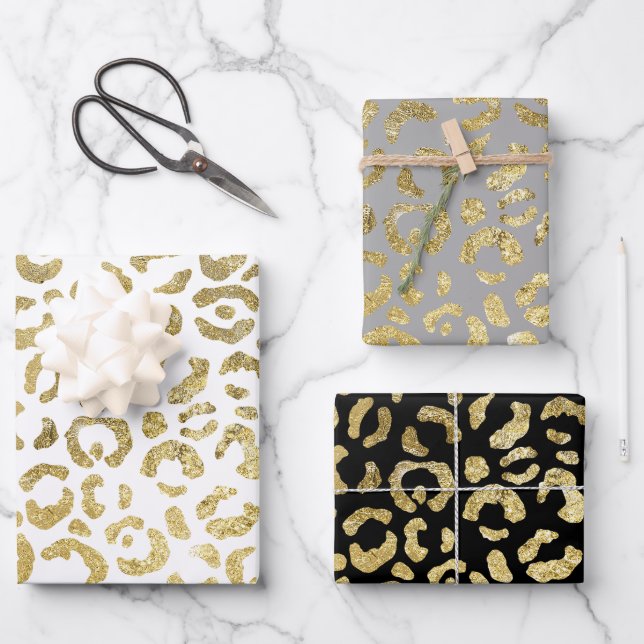 Luxurious Glam Gold Gray Leopard Print Set of 3 Wrapping Paper Sheets (Front)