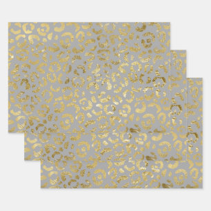 Luxurious Glam Gold Gray Leopard Print Wrapping Paper Sheets