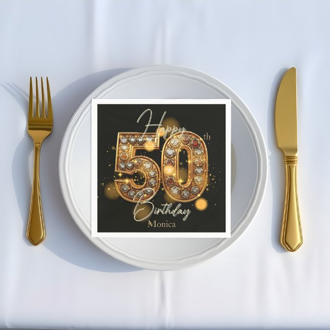Luxurious Gold and Black Gemstone 50th Birthday Napkins (Creator Uploaded)