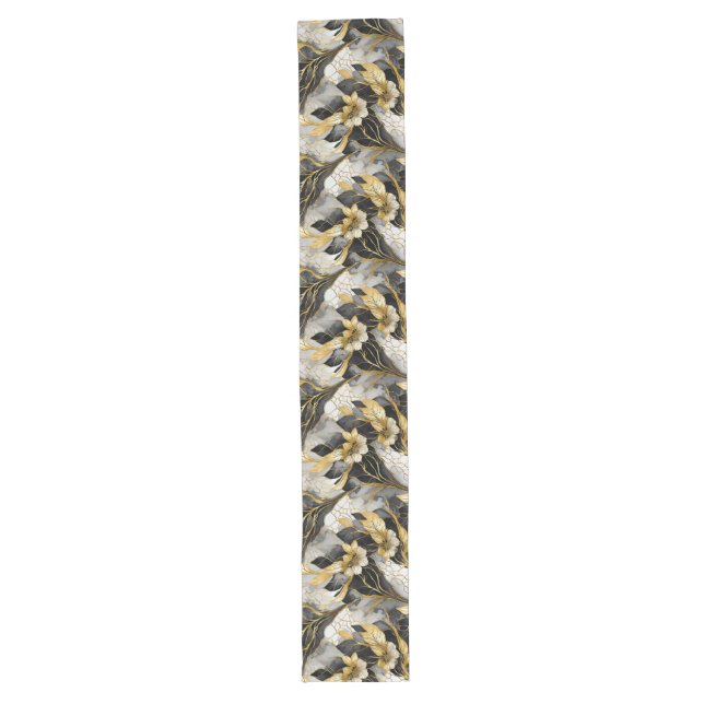 Luxurious Gold and Black Marbleized Floral  Long Table Runner (Front)