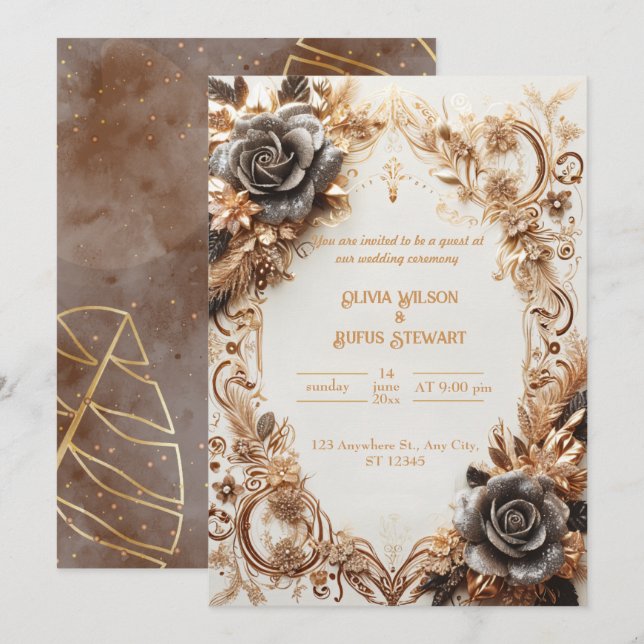 Luxurious Gold and Black Rose Wedding Invitation (Front/Back)