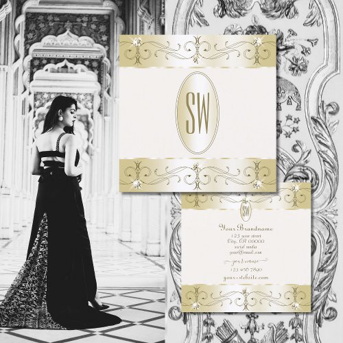 Luxurious Gold and Cream Ornate Ornaments Initials Square Business Card