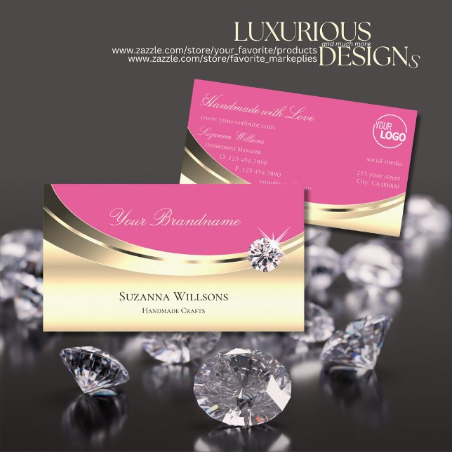 Luxurious Gold and Pink with Logo Sparkle Diamond Business Card (Creator Uploaded)