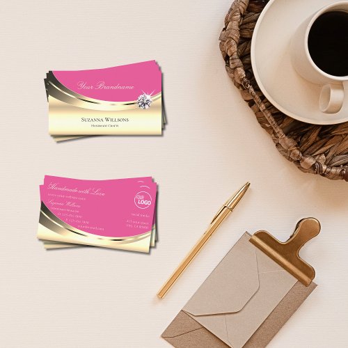 Luxurious Gold and Pink with Logo Sparkle Diamond Business Card