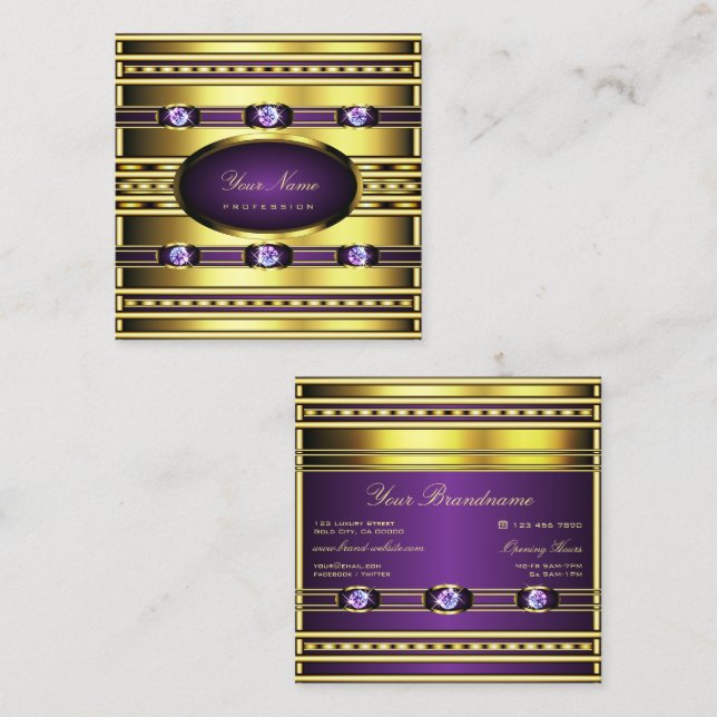 Luxurious Gold and Purple with Faux Rhinestones Square Business Card (Front/Back)