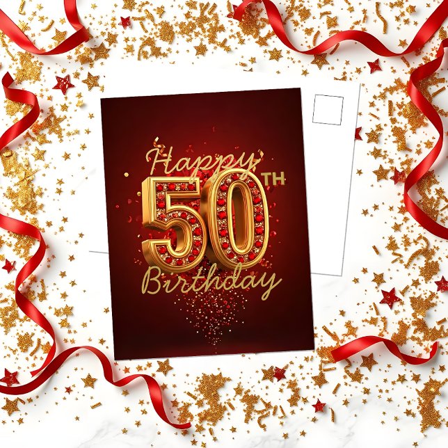 Luxurious Gold and Red Gemstone 50th Birthday Postcard (Creator Uploaded)