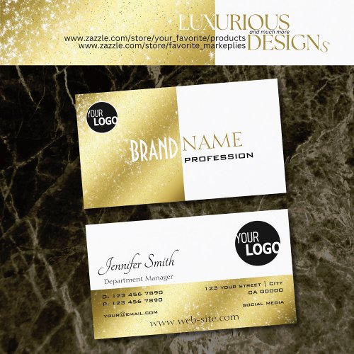 Luxurious Gold and White Glittery Stars and Logo Business Card