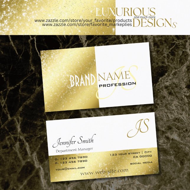 Luxurious Gold and White Glittery Stars Monogram Business Card (Creator Uploaded)