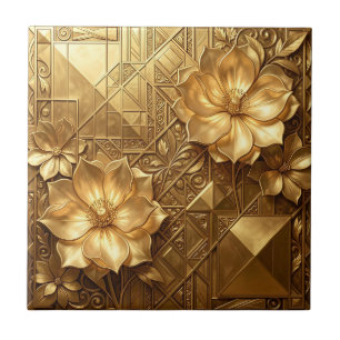 Luxurious Gold Art Deco Floral Embossed Pattern Ceramic Tile