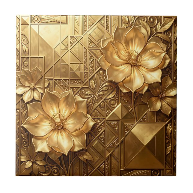 Luxurious Gold Art Deco Floral Embossed Pattern Ceramic Tile (Front)