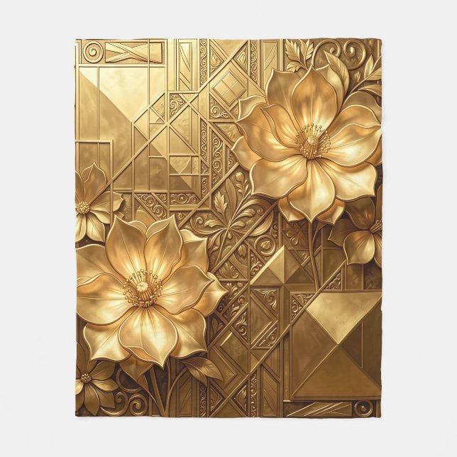 Luxurious Gold Art Deco Floral Embossed Pattern Fleece Blanket (Front)