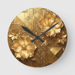 Luxurious Gold Art Deco Floral Embossed Pattern Round Clock