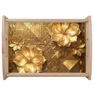Luxurious Gold Art Deco Floral Embossed Pattern Serving Tray