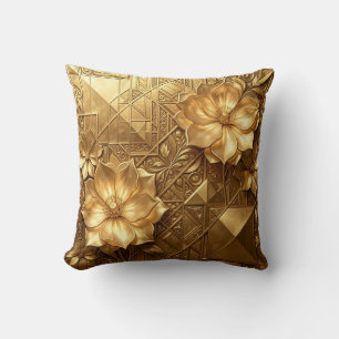 Luxurious Gold Art Deco Floral Embossed Pattern Throw Pillow