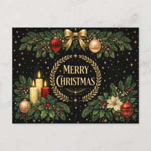Luxurious Gold Art Deco Merry Christmas Wreath Holiday Postcard