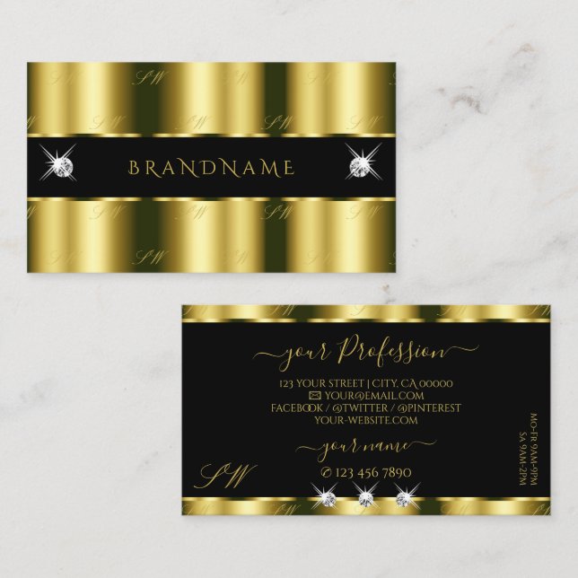 Luxurious Gold Black Sparkling Diamonds Initials Business Card (Front/Back)