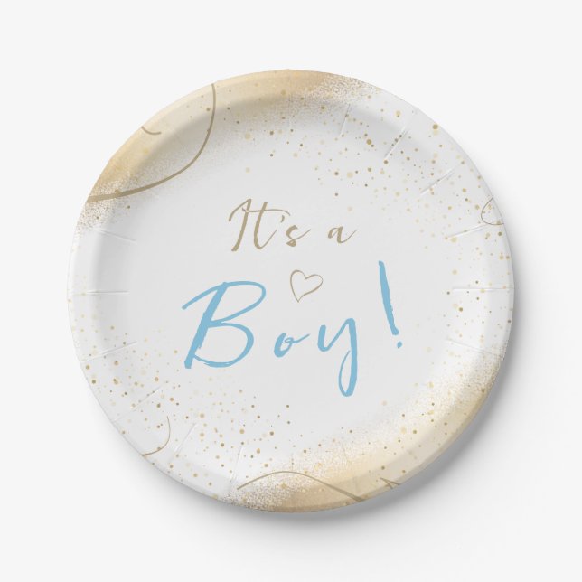 Luxurious Gold & Blue Boy Baby Shower Paper Plates (Front)