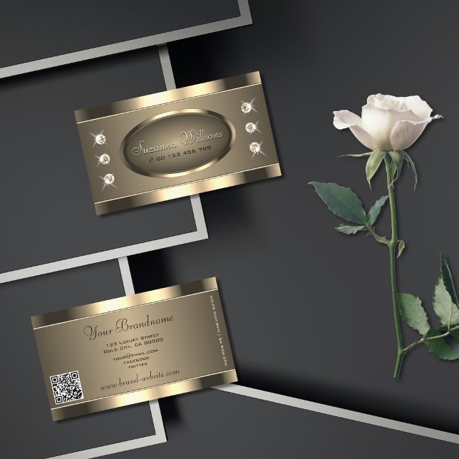 Luxurious Gold Brown with Rhinestones and QR Code Business Card (Creator Uploaded)
