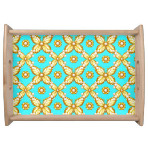 Luxurious Gold Butterfly Pattern With Pearl Accent Serving Tray