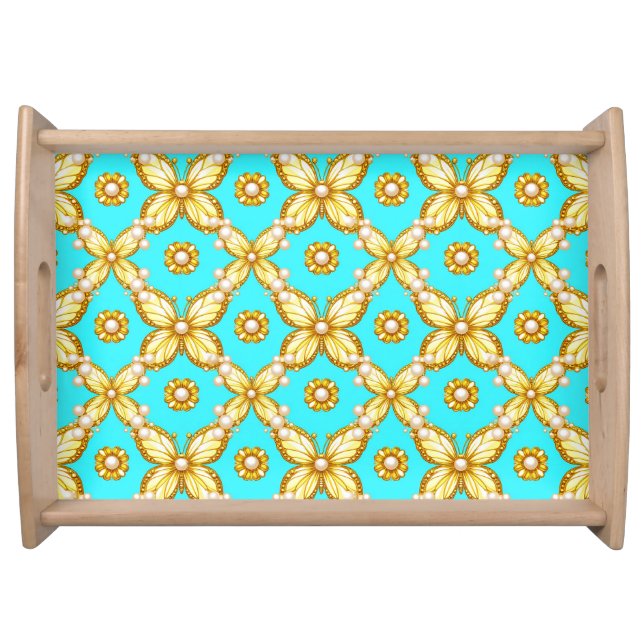 Luxurious Gold Butterfly Pattern With Pearl Accent Serving Tray (Front)