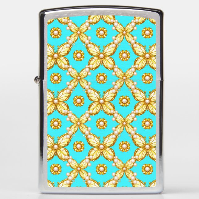 Luxurious Gold Butterfly Pattern With Pearl Accent Zippo Lighter (Front)