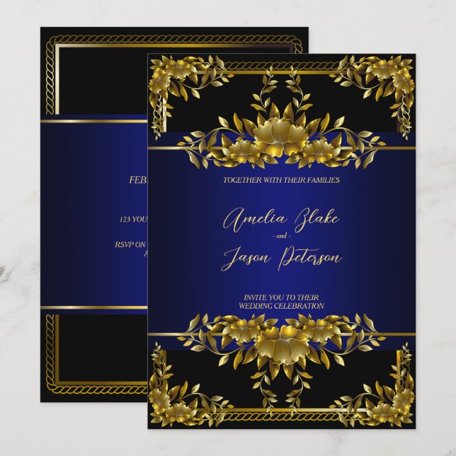 Luxurious Gold Carving Floral | Blue Black Invitation (Front/Back)