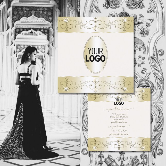 Luxurious Gold Cream Ornate Ornaments with Logo Square Business Card (Creator Uploaded)