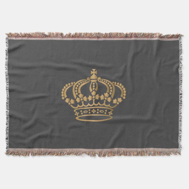 Luxurious Gold Crown Dark Grey Throw Blanket (Front)