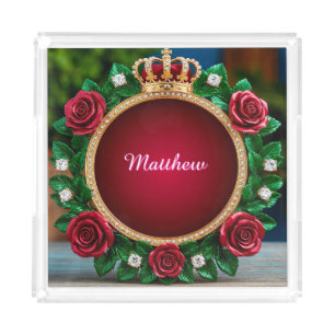 Luxurious Gold Crown Frame Adorned With Roses Acrylic Tray