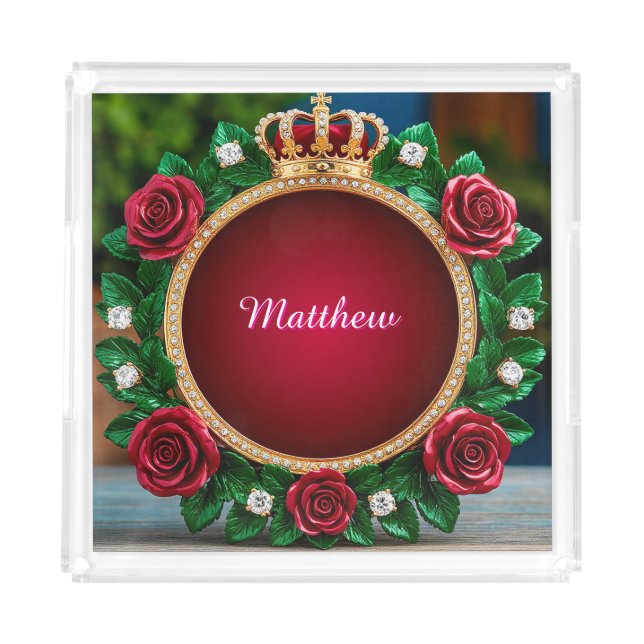 Luxurious Gold Crown Frame Adorned With Roses Acrylic Tray (Front)