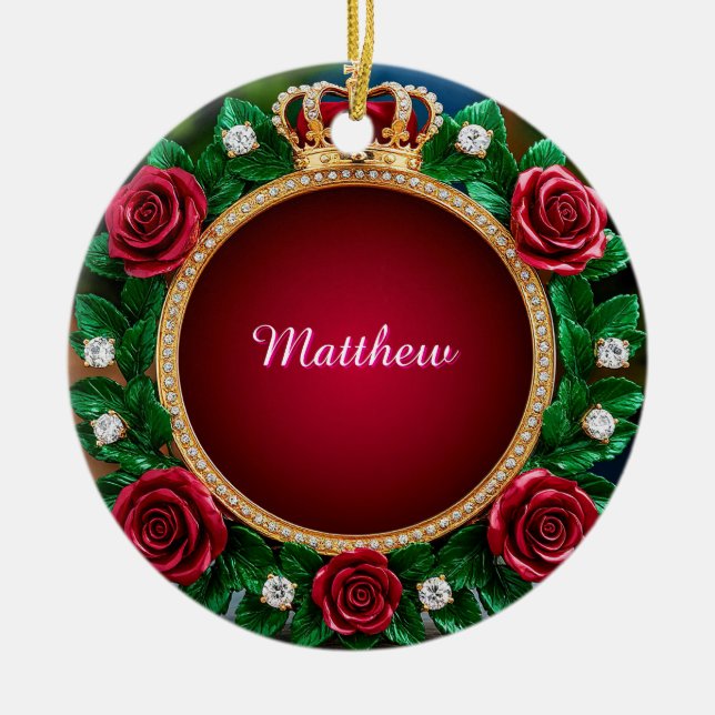 Luxurious Gold Crown Frame Adorned With Roses Ceramic Ornament (Front)