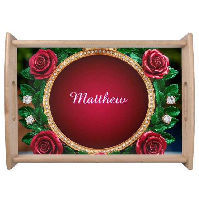 Luxurious Gold Crown Frame Adorned With Roses Serving Tray (Front)