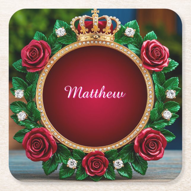 Luxurious Gold Crown Frame Adorned With Roses Square Paper Coaster (Front)