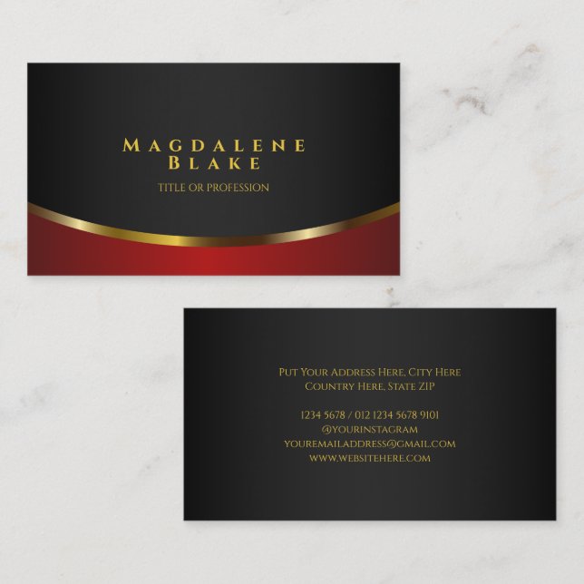 Luxurious Gold Curve Minimalist Black Red Business Card (Front/Back)