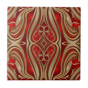 Luxurious Gold Diamond Motif on Red Pattern Ceramic Tile
