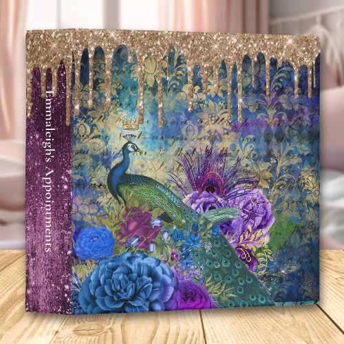 Luxurious Gold Drip Peacock Abstract Appointment 3 Ring Binder
