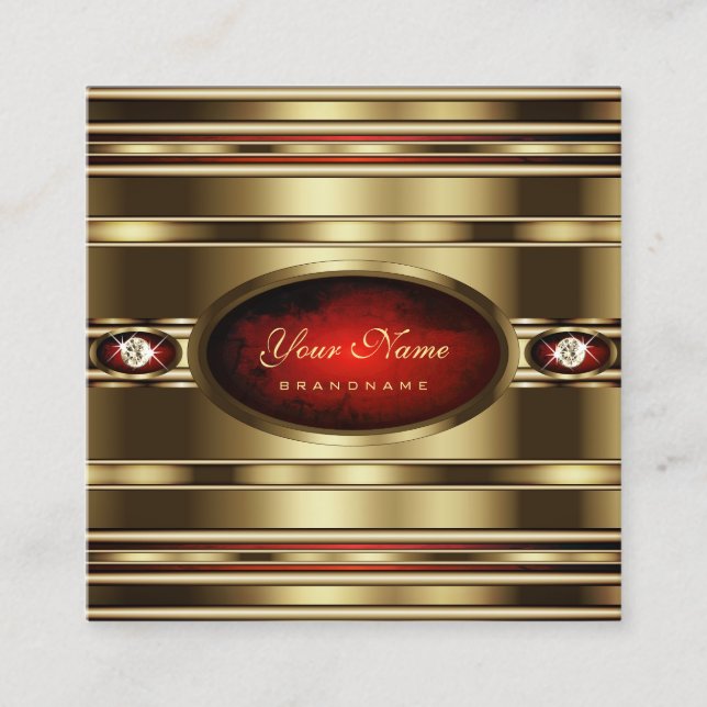Luxurious Gold Effect Red Marble Faux Rhinestones Square Business Card (Front)