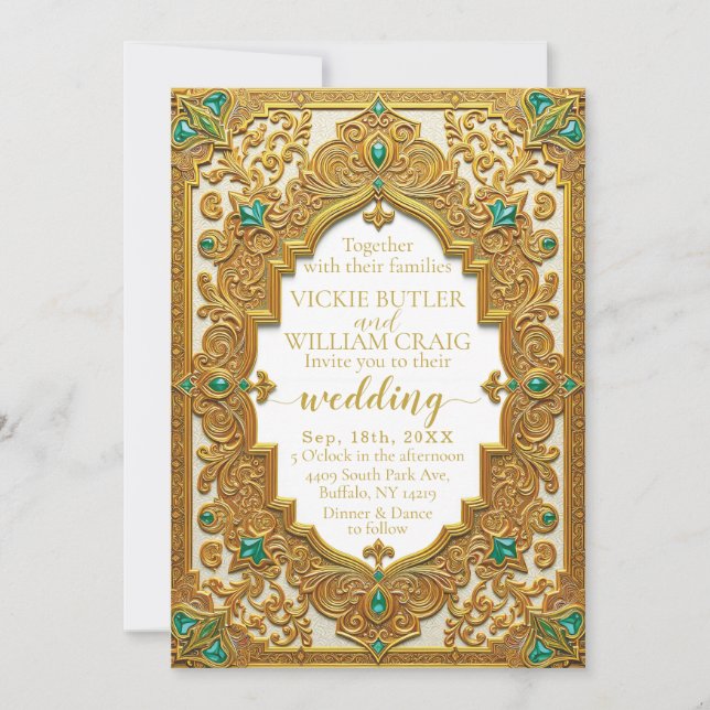 Luxurious Gold & Emerald Wedding Invitation (Front)