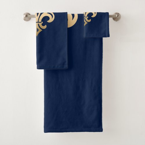 Luxurious Gold Fleur de Lis Navy Bath Towel Set