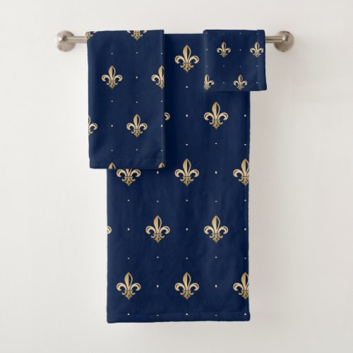 Luxurious Gold Fleur de Lis Navy Bath Towel Set