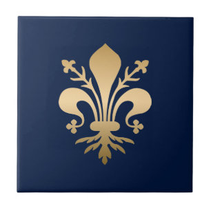 Luxurious Gold Fleur de Lis Navy Ceramic Tile