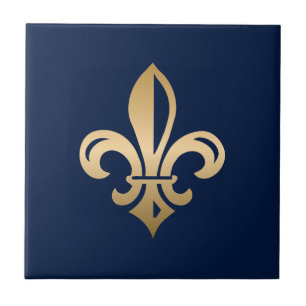 Luxurious Gold Fleur de Lis Navy Ceramic Tile