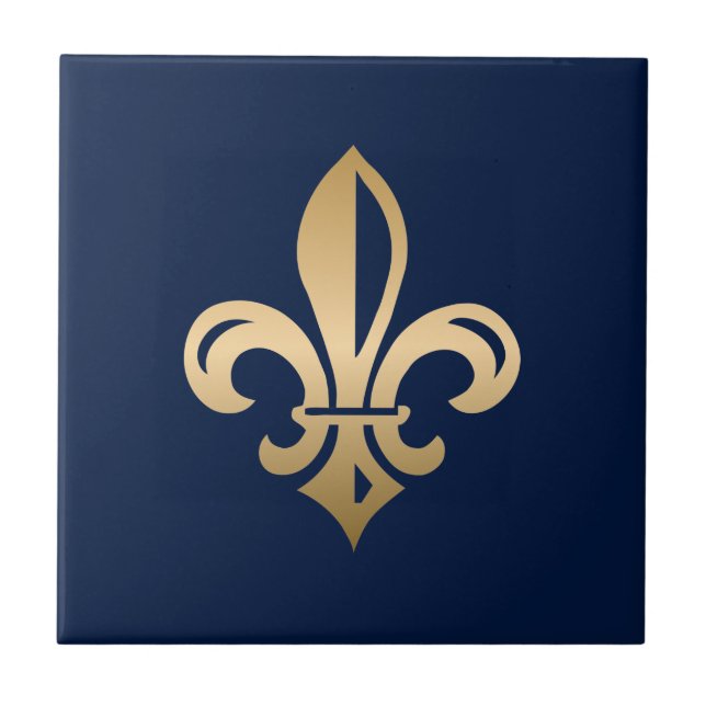 Luxurious Gold Fleur de Lis Navy Ceramic Tile (Front)
