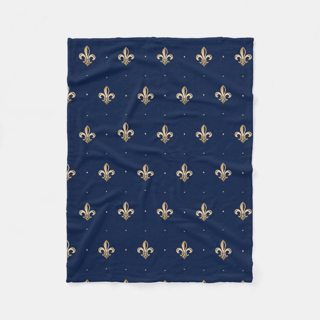 Luxurious Gold Fleur de Lis Navy Fleece Blanket (Front)