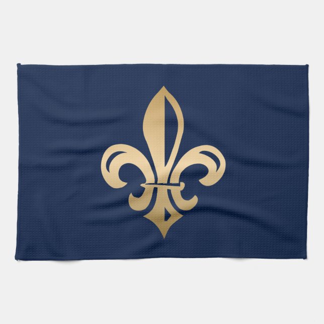 Luxurious Gold Fleur de Lis Navy Kitchen Towel (Horizontal)